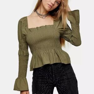 Topshop Shirred blouse in army green size 4